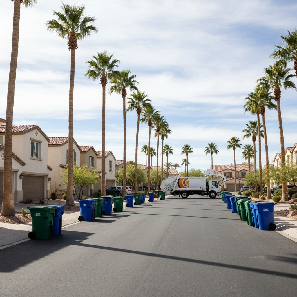 Palm-lined Sun Belt cul-de-sac with curbside bins and an automated side-loader truck in mid-distance
